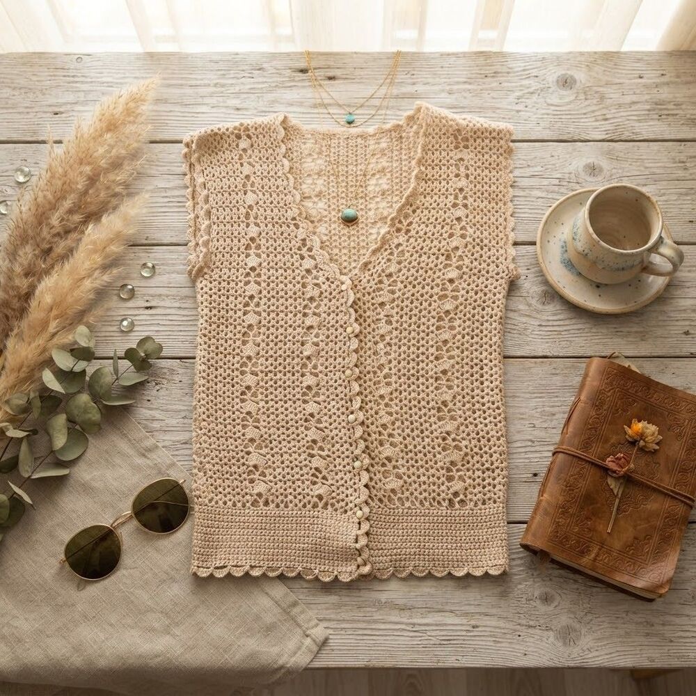 Vintage 70s 80 Handmade Crochet Open Knit Vest Sweater Top M Boho Cottage Button